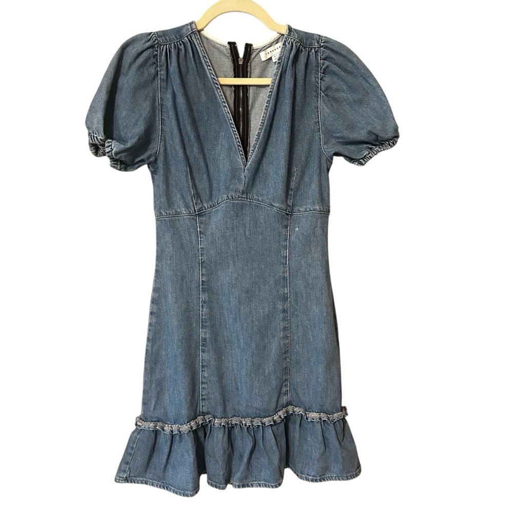 Topshop Blue Denim Deep V-neck Dress Pop Sleeve Ruffle Hem Size 2